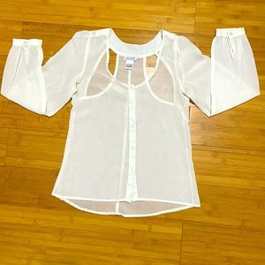 Sheer White Long-sleeve Button Down with Cutouts